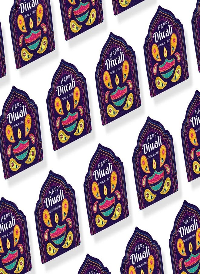 D2C 35-Piece Happy Diwali Premium Large Stickers - 1.5 Inch Multi-Color Diya Design with Purple Royal Background, Self-Adhesive Festival Labels - Image 1